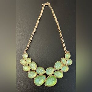Gold Tone Sage Green Iridescent Leaf Acrylic Statement Contemporary Necklace